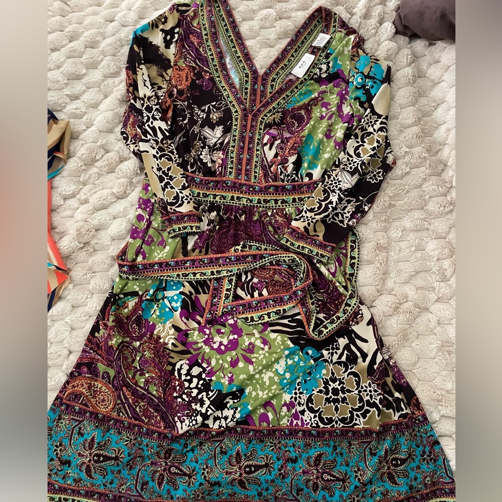 Colorful, knee length dress. Long sleeved. Belt ties in the back. Very stylish!